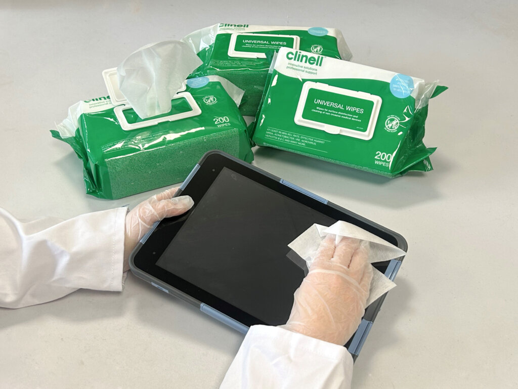 Healthcare professional disinfecting FutureNova's medical grade iPad case with Clinell Wipes for optimal infection control in hospital settings